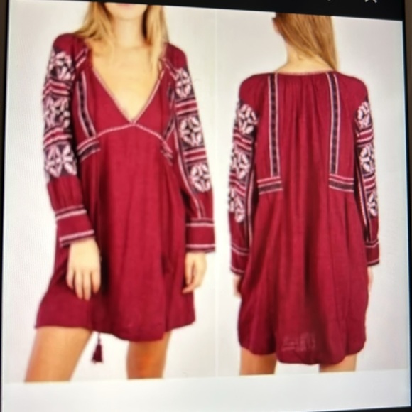 FREE PEOPLE All My Life Wine embroidered smocked mini dress tunic. Size Medium. - Picture 6 of 10
